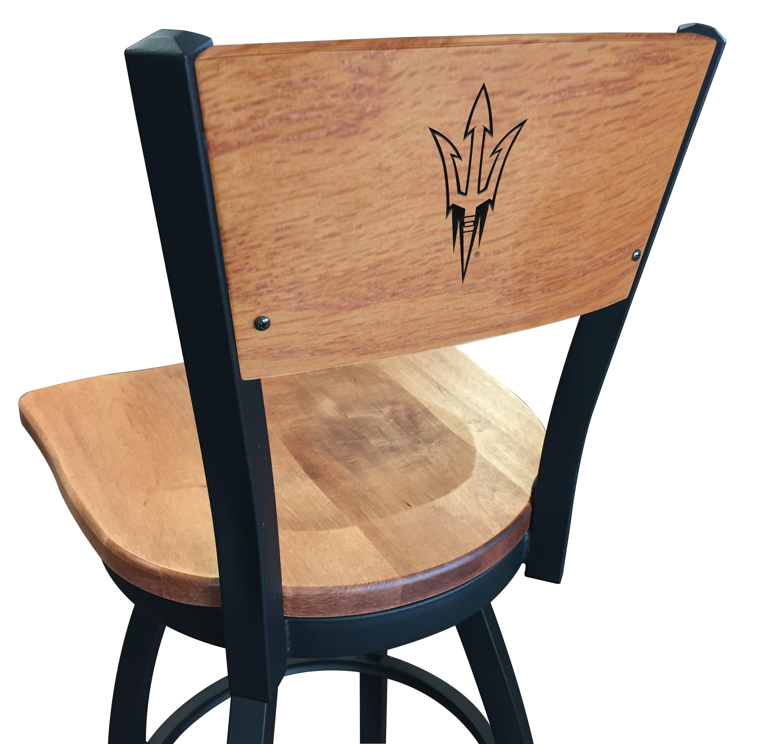 L038 Arizona State (Pitchfork) 36" Swivel Bar Stool with Black Wrinkle Finish and aLaser Engraved Back  
