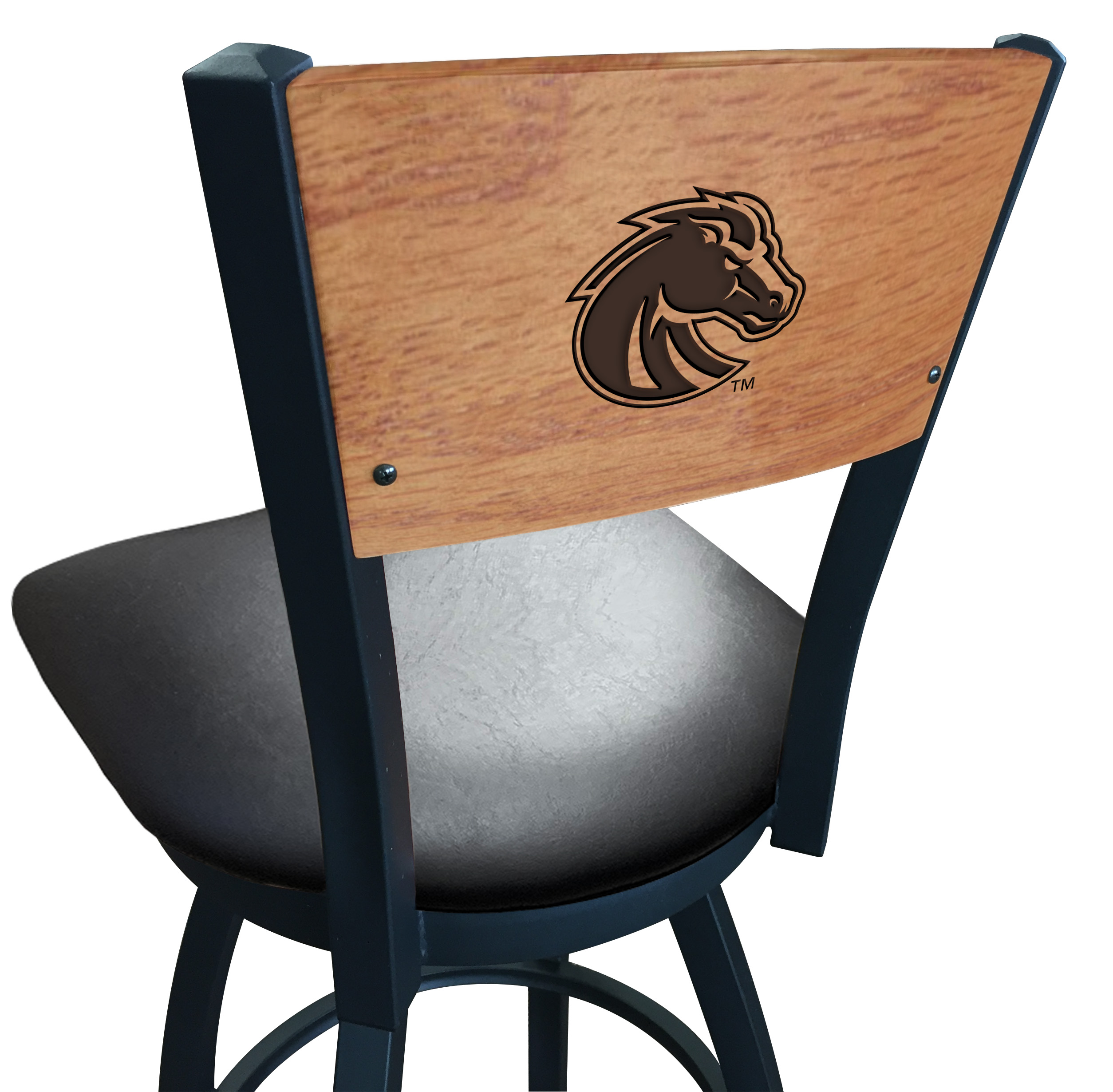 L038 Boise State 36" Swivel Bar Stool with Black Wrinkle Finish and a Laser Engraved Back  