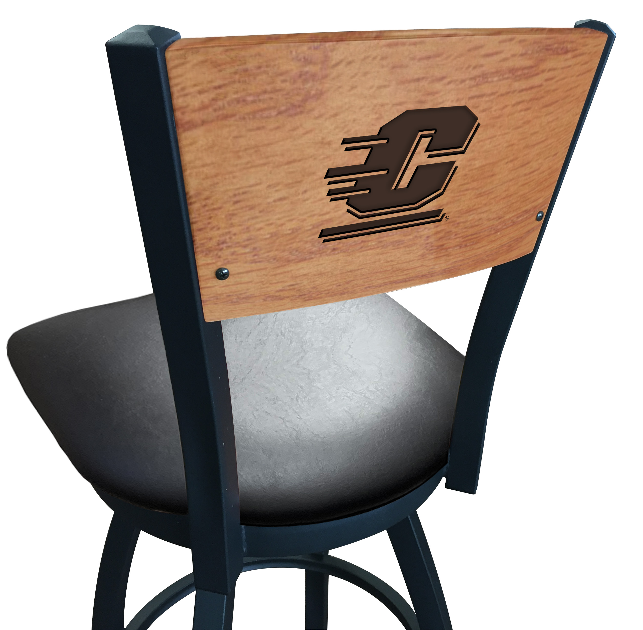 L038 Central Michigan 36" Swivel Bar Stool with Black Wrinkle Finish and a Laser Engraved Back  
