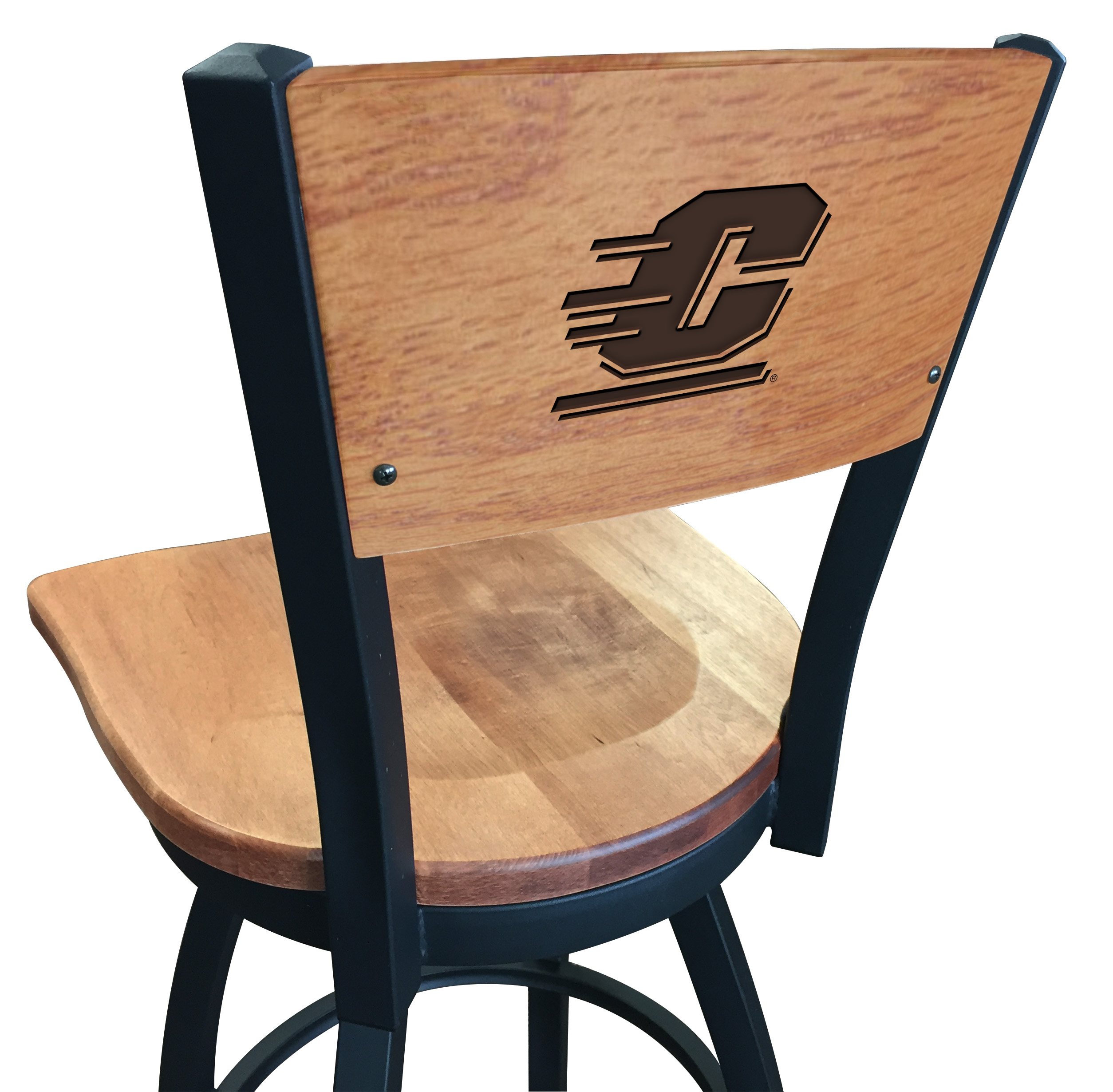 L038 Central Michigan 30" Swivel Bar Stool with Black Wrinkle Finish and a Laser Engraved Back  
