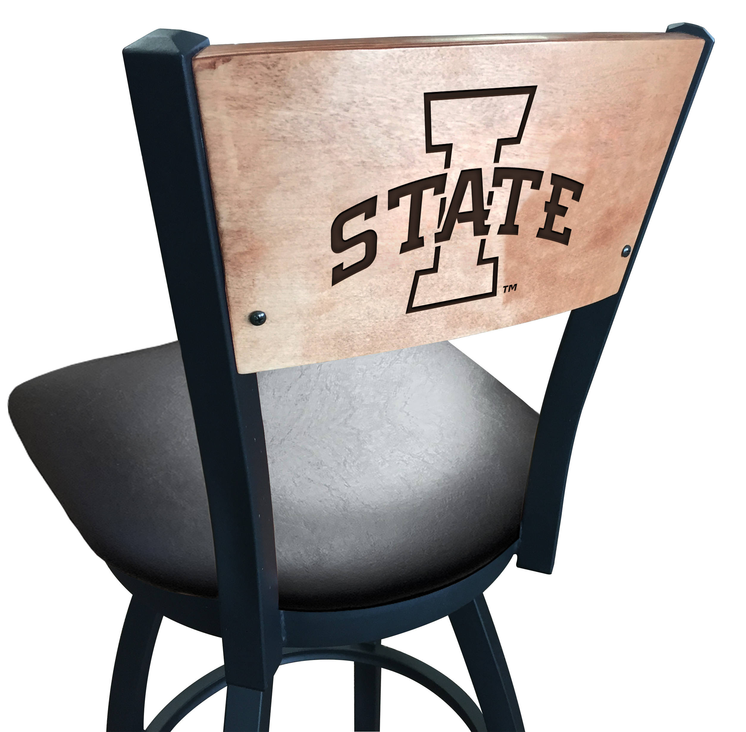L038 Iowa State 36" Swivel Bar Stool with Black Wrinkle Finish and a Laser Engraved Back  