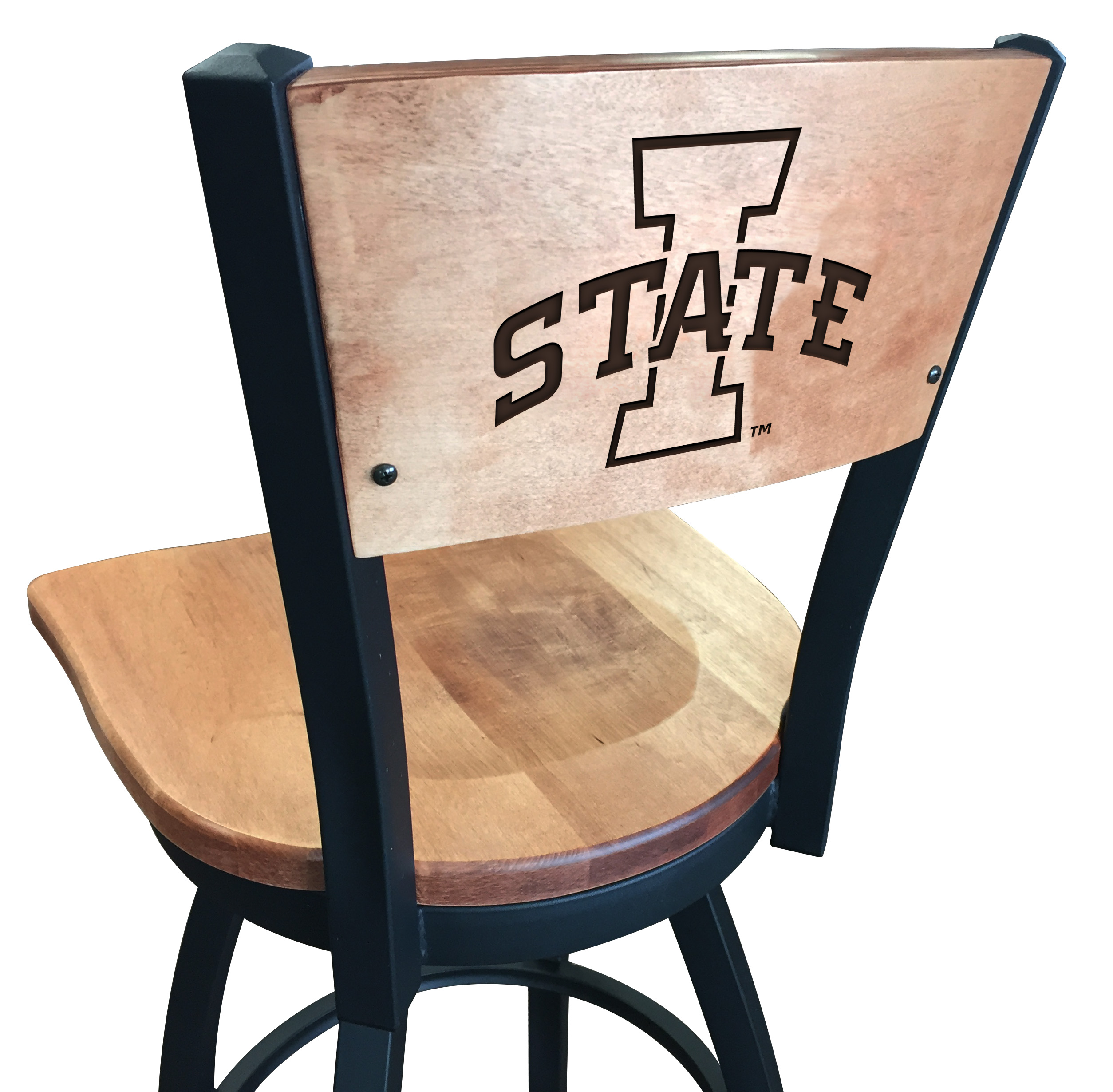 L038 Iowa State 36" Swivel Bar Stool with Black Wrinkle Finish and a Laser Engraved Back  