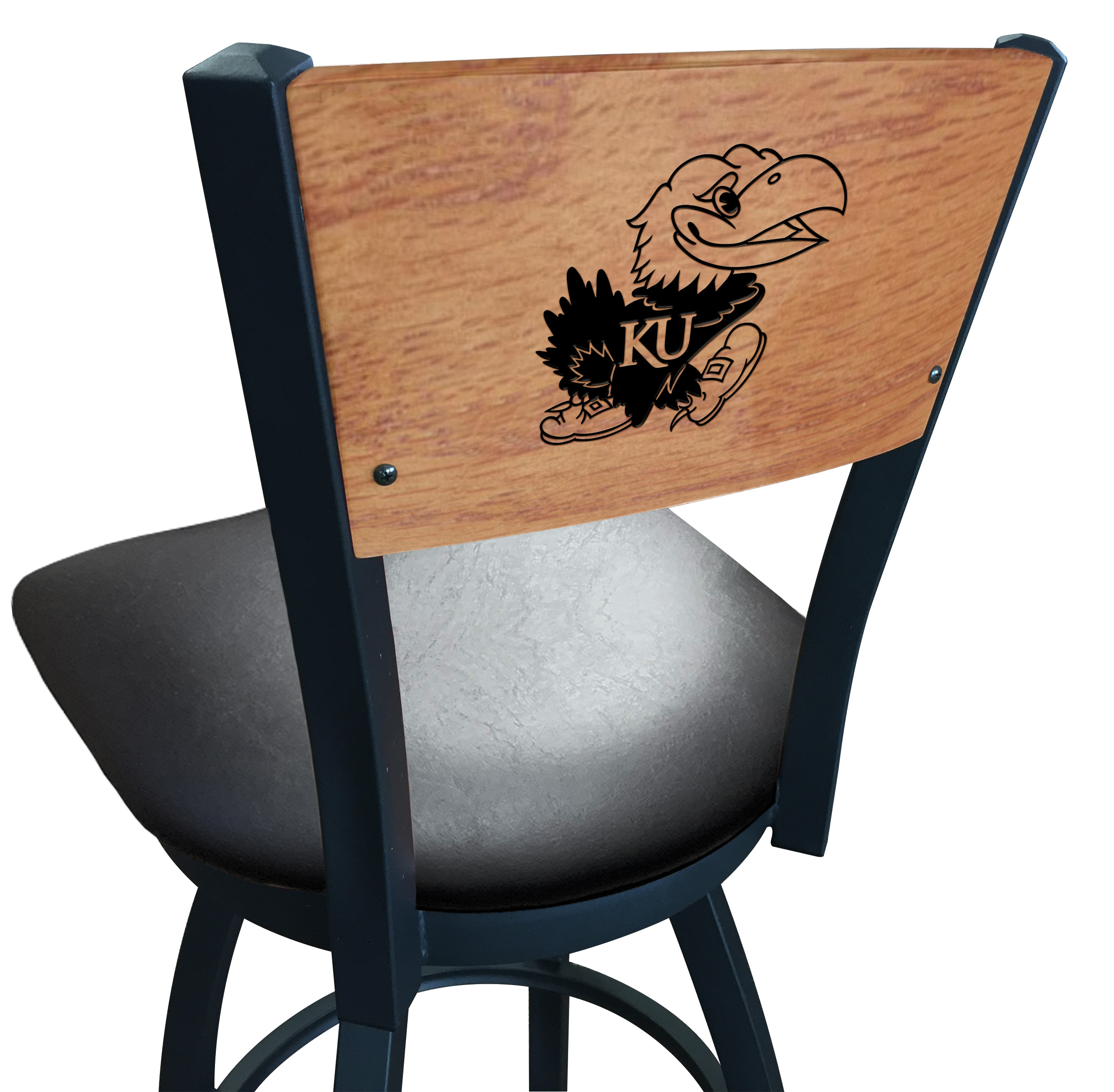 L038 Kansas 36" Swivel Bar Stool with Black Wrinkle Finish and a Laser Engraved Back  