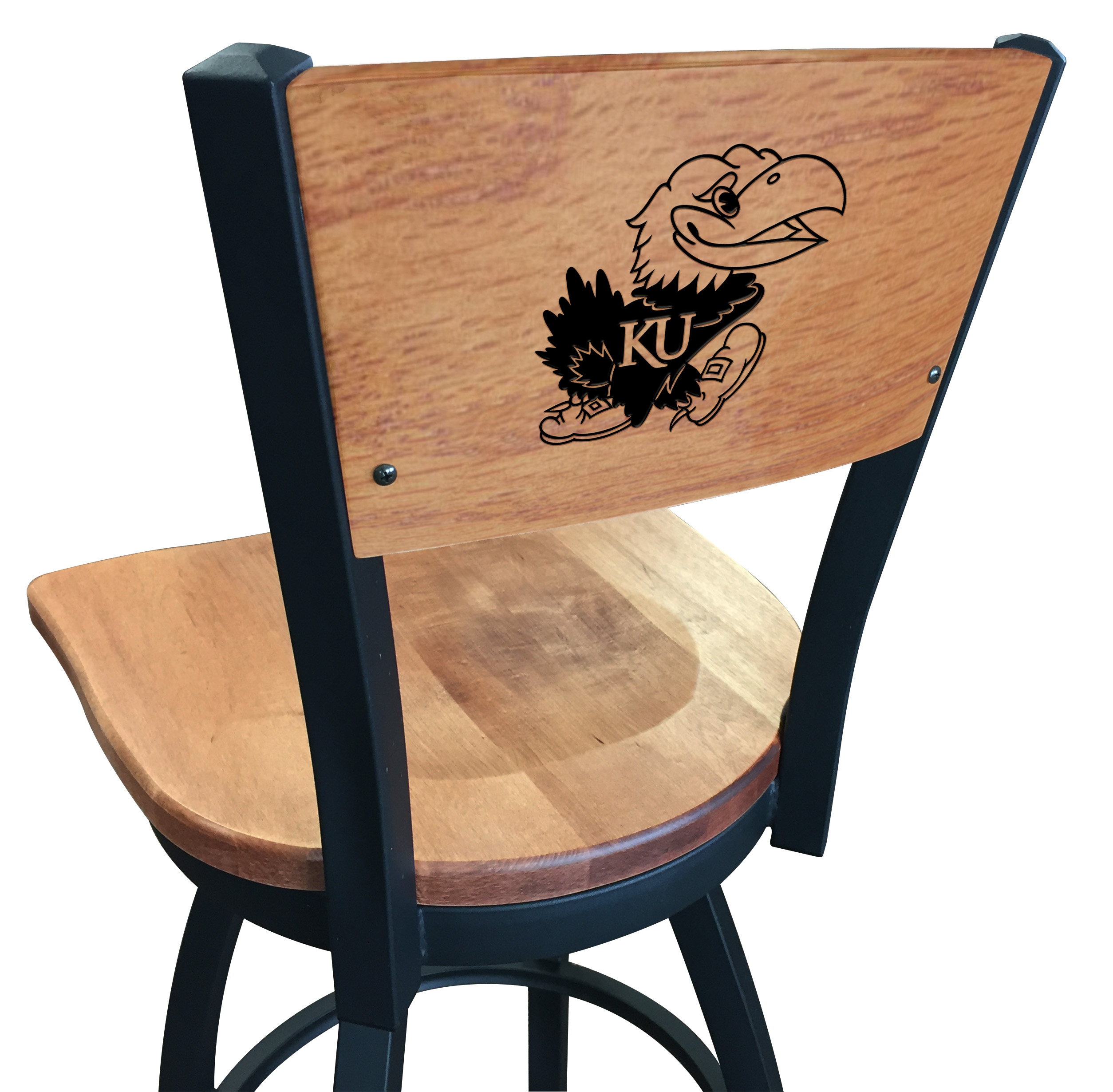 L038 Kansas 36" Swivel Bar Stool with Black Wrinkle Finish and a Laser Engraved Back  