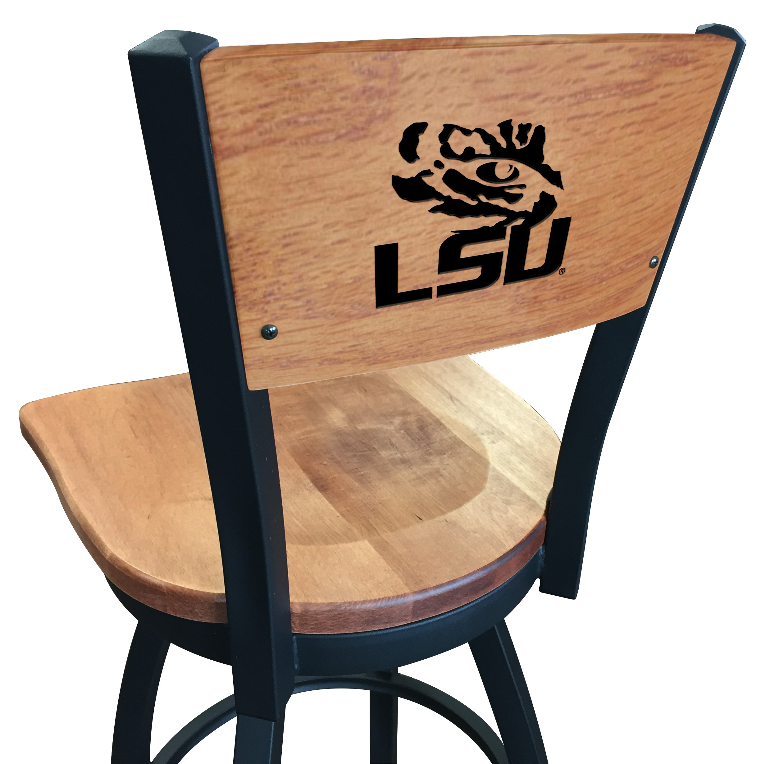 L038 Louisiana State 36" Swivel Bar Stool with Black Wrinkle Finish and a Laser Engraved Back  