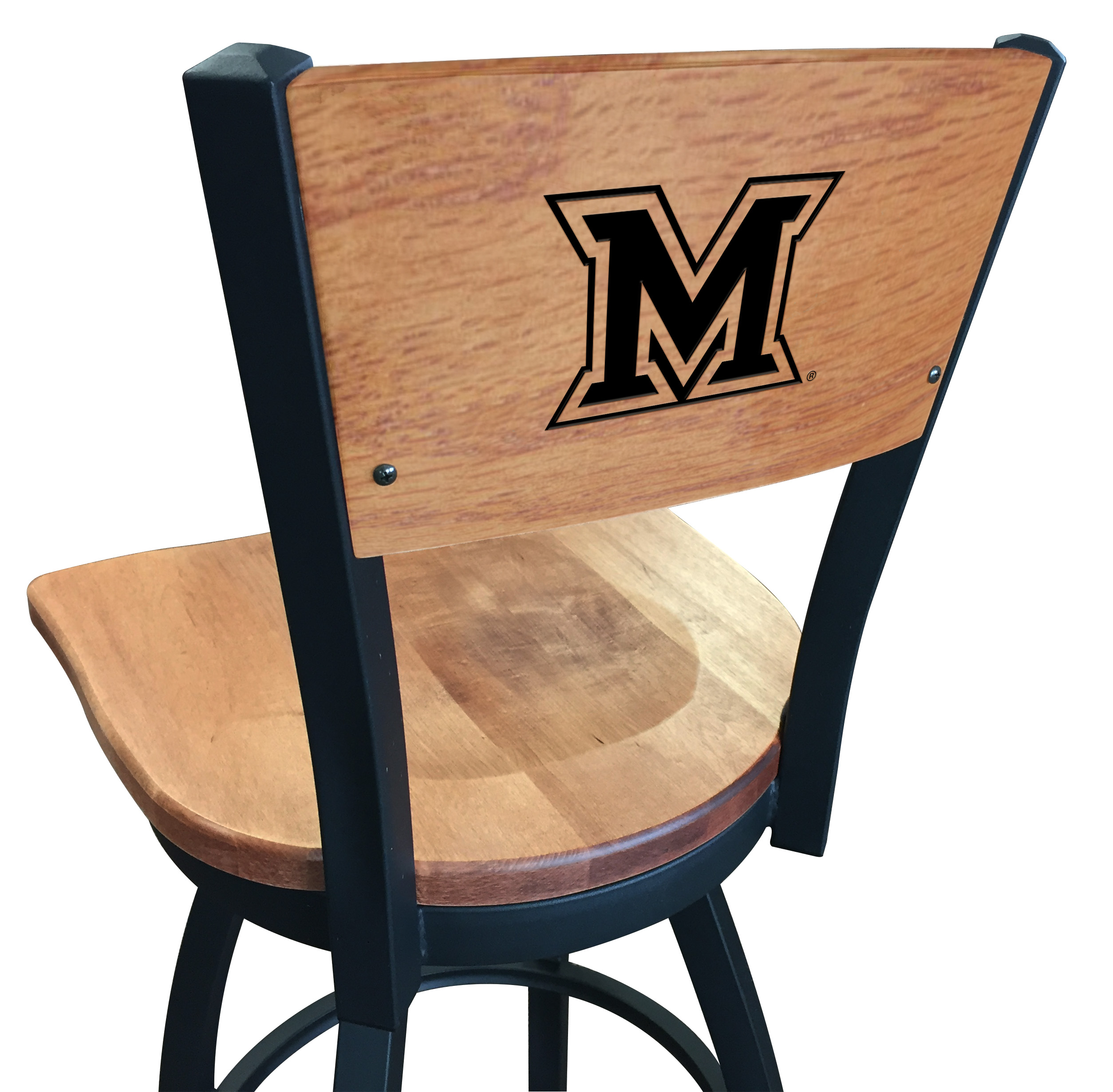 L038 Miami (OH) 36" Swivel Bar Stool with Black Wrinkle Finish and a Laser Engraved Back  
