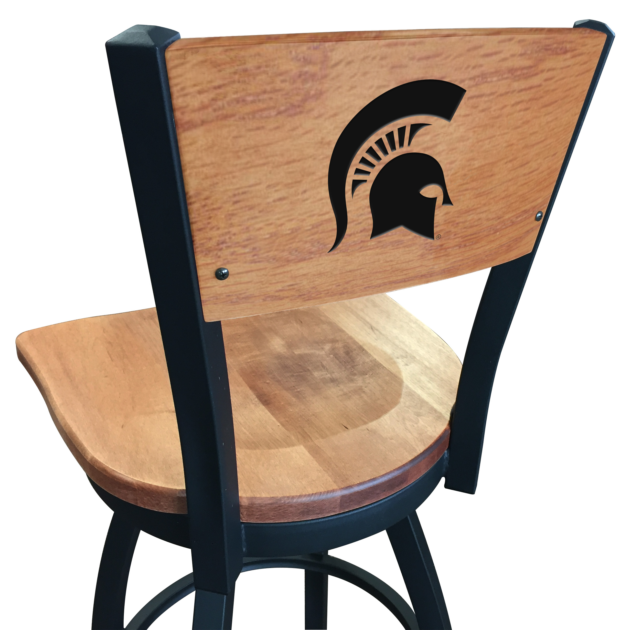 L038 Michigan State 30" Swivel Bar Stool with Black Wrinkle Finish and a Laser Engraved Back  
