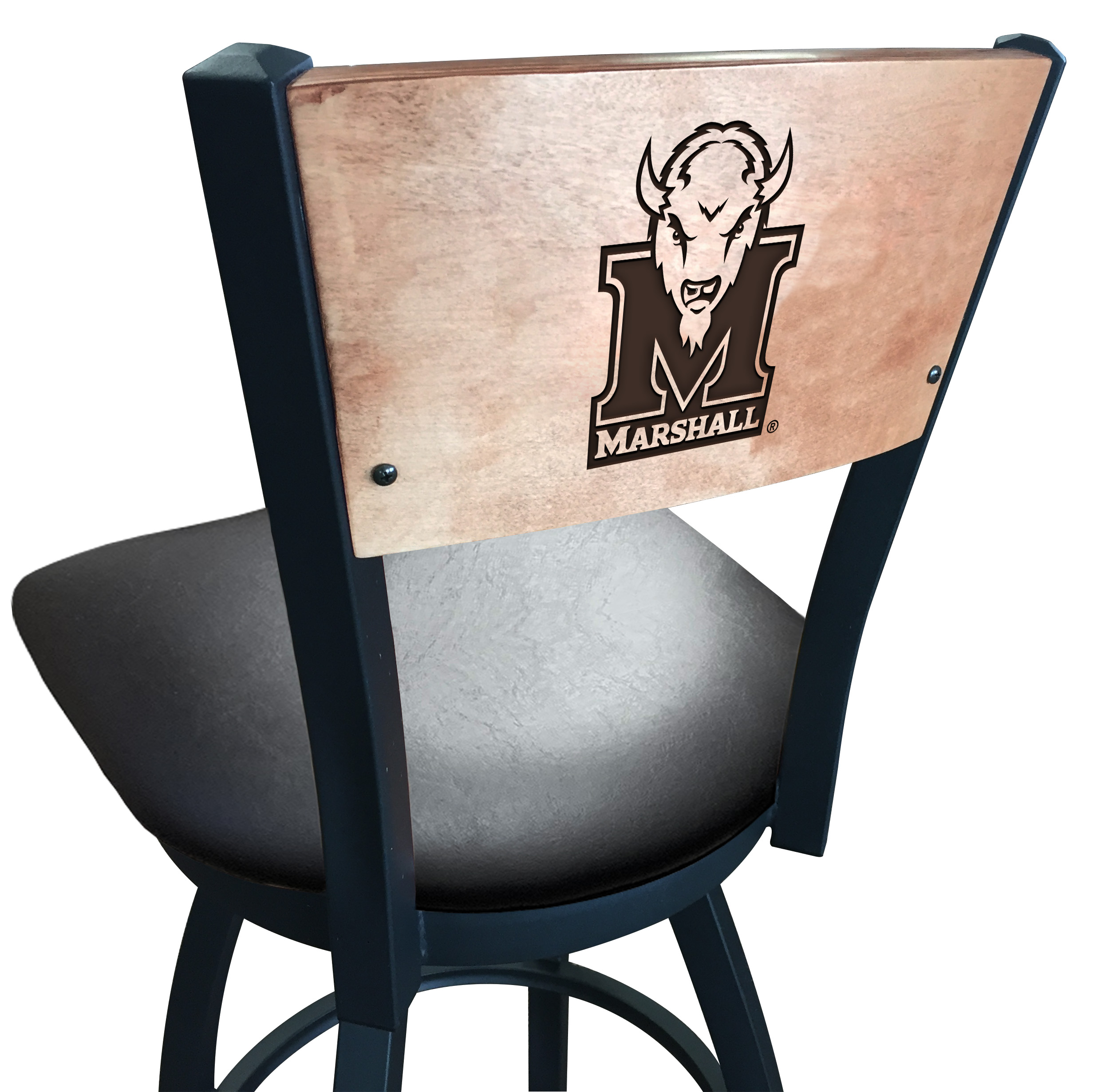 L038 Marshall 36" Swivel Bar Stool with Black Wrinkle Finish and a Laser Engraved Back  