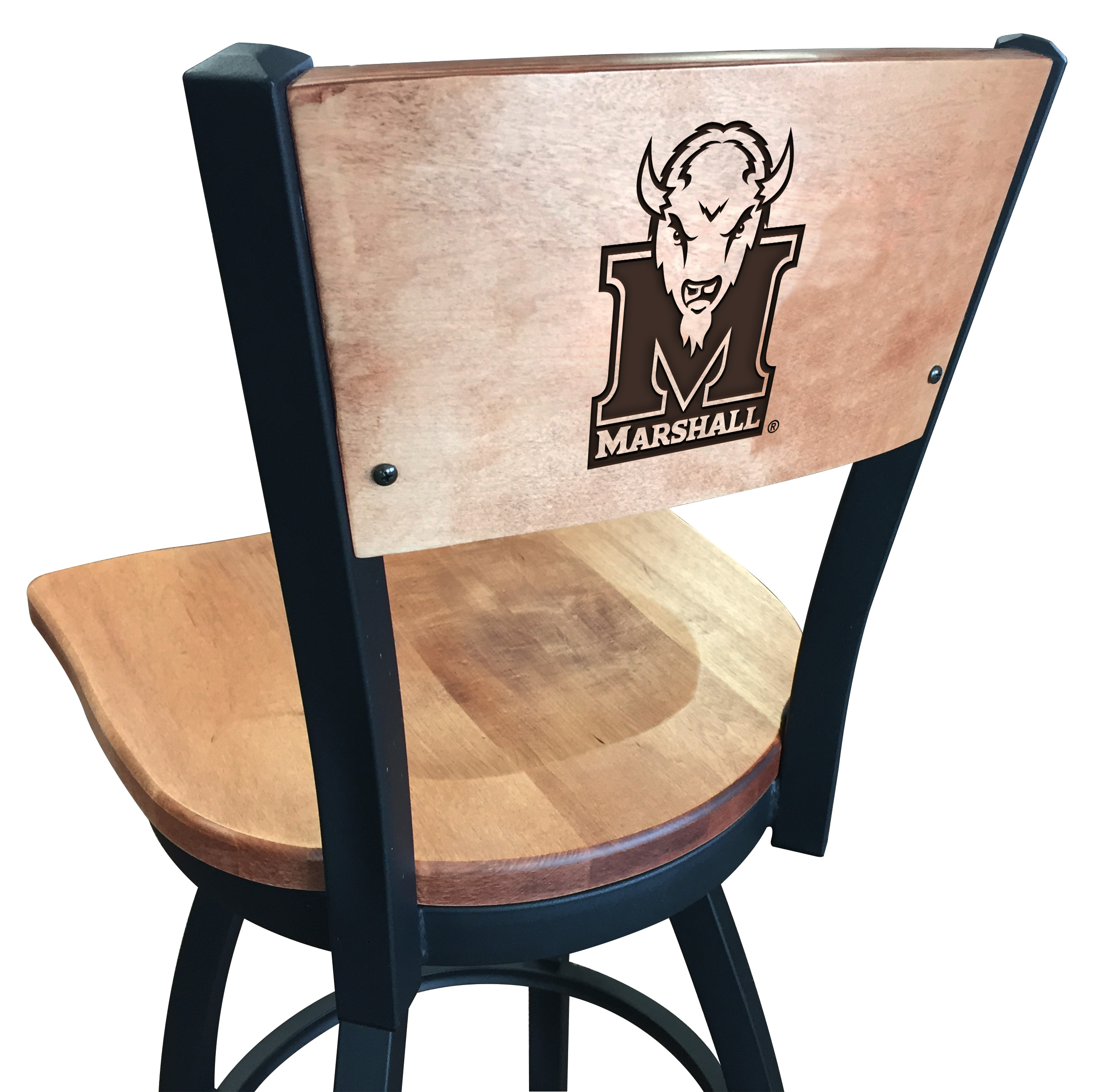 L038 Marshall 36" Swivel Bar Stool with Black Wrinkle Finish and a Laser Engraved Back  
