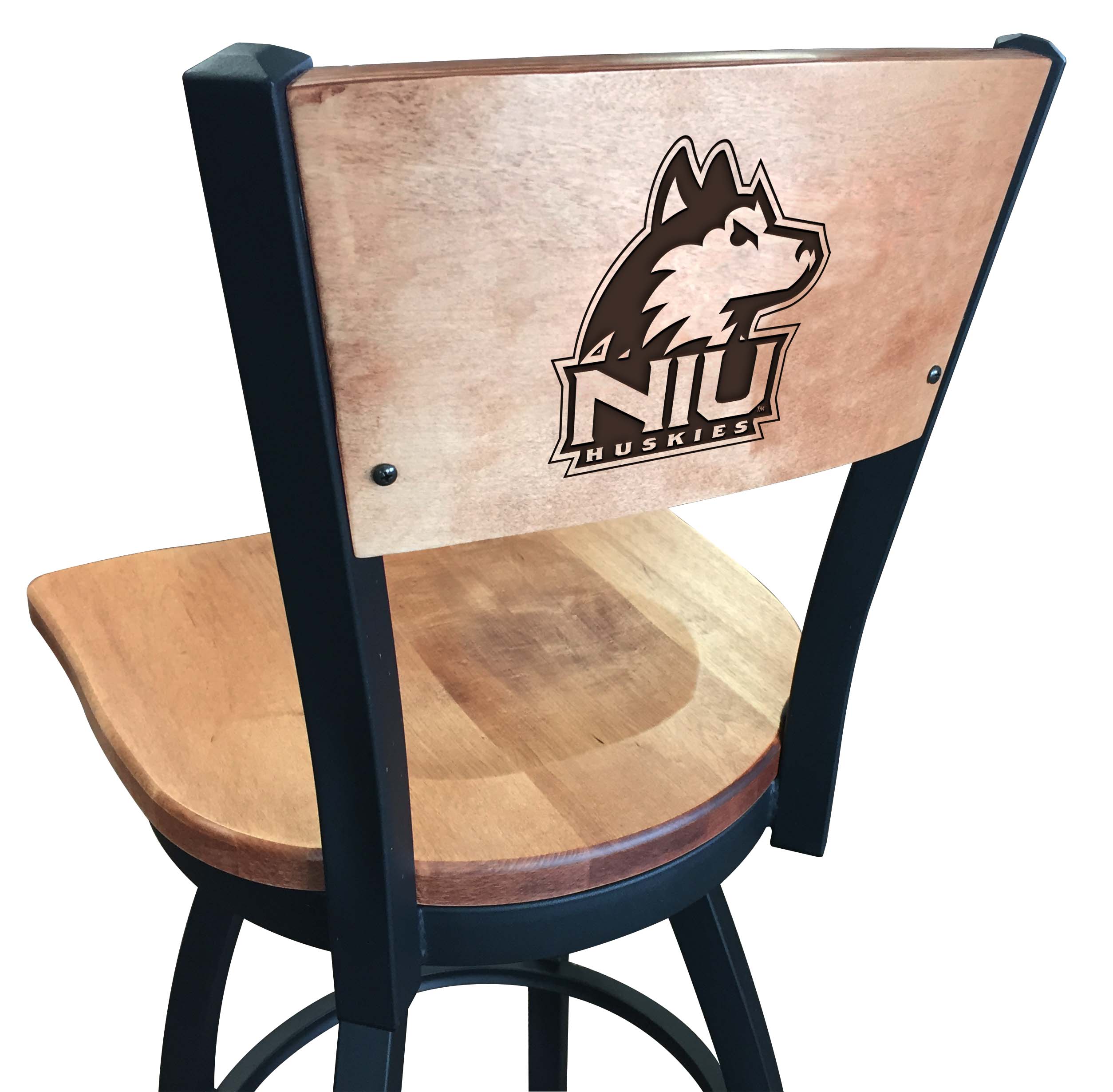 L038 Northern Illinois 36" Swivel Bar Stool with Black Wrinkle Finish and a Laser Engraved Back  