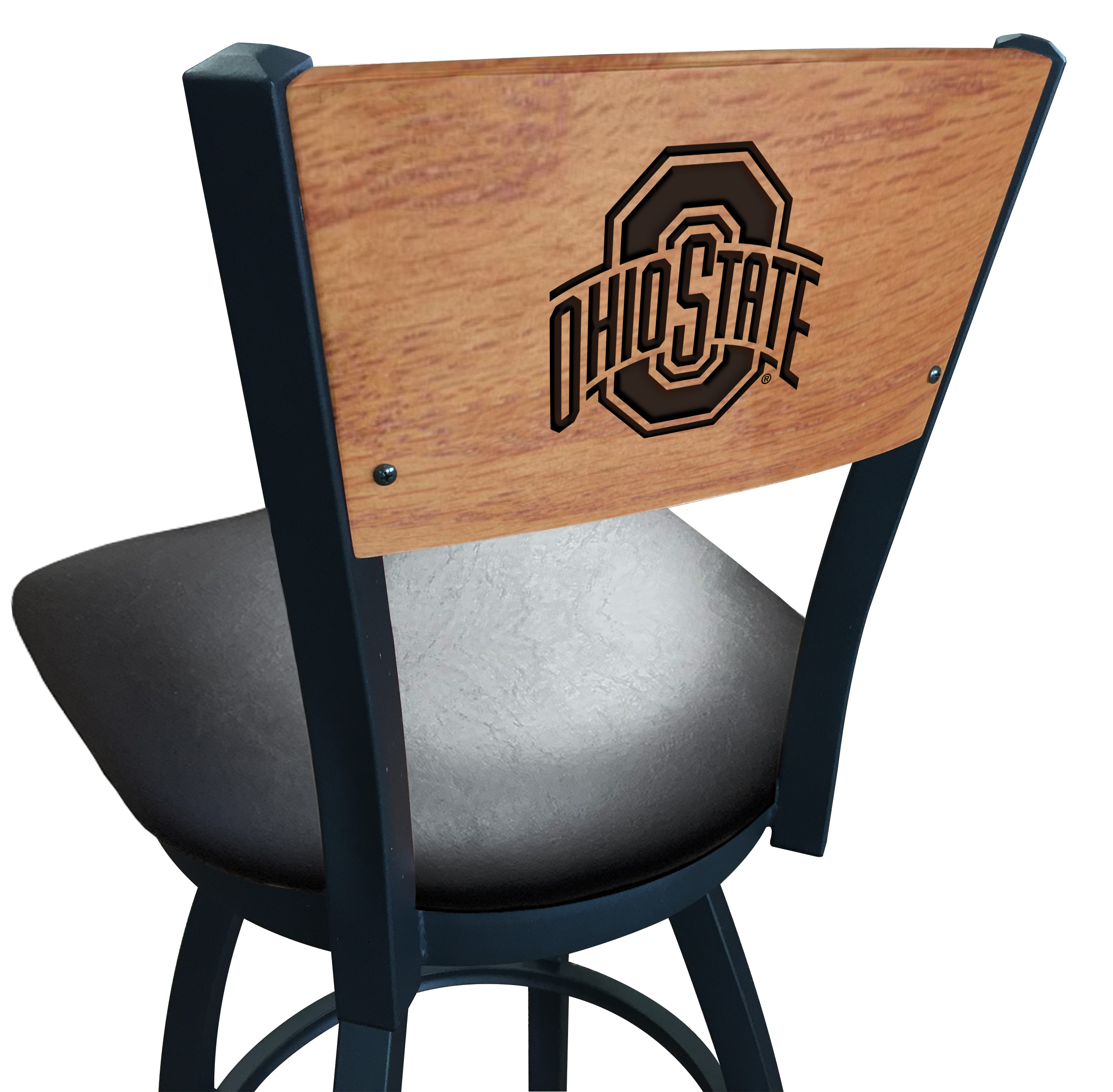 L038 Ohio State 36" Swivel Bar Stool with Black Wrinkle Finish and a Laser Engraved Back  